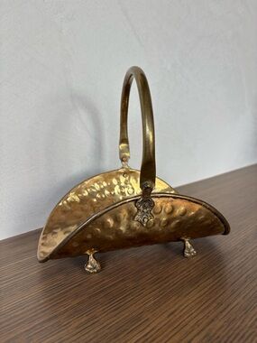 Vintage Hammered Brass Mini Fireplace Log Basket with Claw Feet